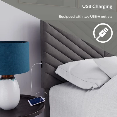 Queen Crestwood Upholstered Chevron Pleated Platform Bed With 2 Dual USB Ports Gray - Hillsdale Furniture 5 Queen Crestwood Upholstered Chevron Pleated Platform Bed With 2 Dual USB Ports Gray - Hillsdale Furniture - Image 3