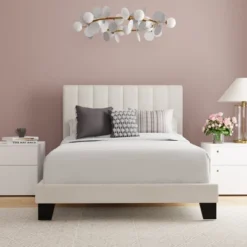 Full Crestone Upholstered Adjustable Height Platform Bed Cream - Hillsdale Furniture