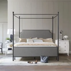 Mcarthur Metal And Upholstered Canopy Bed Matte Black/Gray Fabric - Hillsdale Furniture